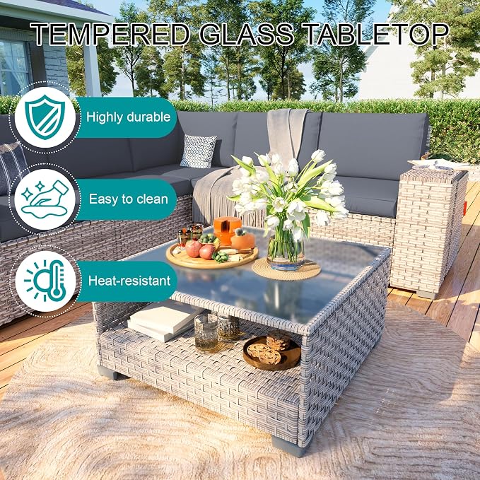 7-Piece Patio Furniture Set, Outdoor Patio Conversation Set with 60,000 BTU Fire Pit Table, PE Rattan Wicker Sectional Sofa with Large Capacity Seats, Widened Armrests, Extra High Backrest, Grey