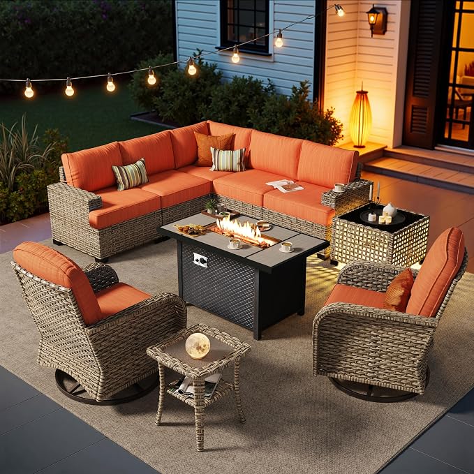 HOOOWOOO Sectional Patio Furniture Set with Fire Pit Table,10 Pieces Wicker Outdoor Furniture L Shaped Couch,Outside Conversation Set Extra Deep Seat Sofa Wide Arm Swivel Chairs Solar Table,Brick Red