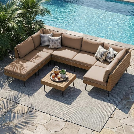 Vikiullf Outdoor Wicker Sectional Sofa Set, L-Shaped Patio Conversation Set with 4" Cushions, Boho Rattan Furniture for Backyard Poolside Deck (Khaki, 8 Pieces)