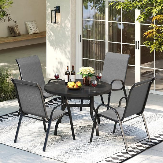 Amopatio 5 Pieces Patio Dining Set for 4, Outdoor Table and Chairs, 4 All Weather Stackable Patio Chairs, 39" Patio Spliced Round Table with Umbrella Hole, for Deck, Backyard, Garden, Gray