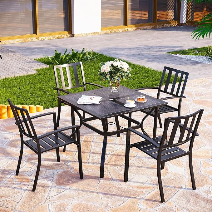 PHI VILLA Patio Dining Set,4 Stackable Chairs& 37" Square Metal Table | Outside Furniture Set for Patio, Deck, Backyard, Porch