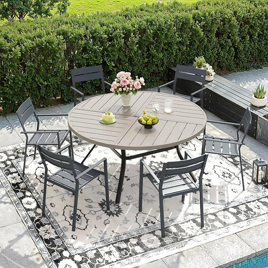 DIFY 7 Piece Outdoor Patio Dining Set for 6, 50" Round Dining Table with Umbrella Hole and Stackable Metal Chairs, Patio Table and Chairs Set for Backyard Garden Poolside, Grey Wood-Like & Grey