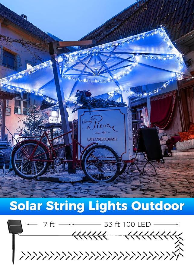 Minetom Solar Christmas Lights Outdoor Waterproof, 2Pack Total 80FT 200 LED | Solar Christmas Outdoor Decoration with 8 Modes, Solar String Lights for Outside House Tree Yard Garden, Blue & Pure White