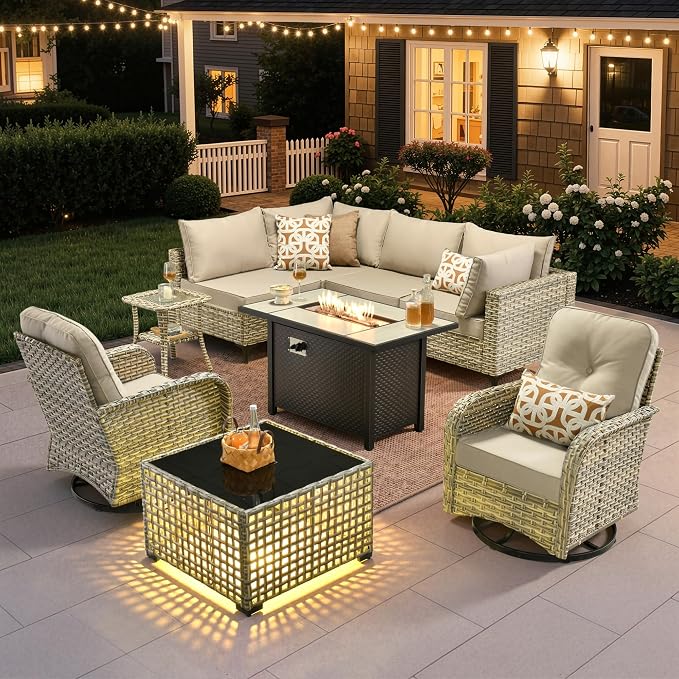 9 Pieces Outdoor Sectional Patio Furniture Set with 42" Fire Pit,Conversation Sets Rattan Wicker L Shaped Couch Swivel Rocking Chairs,Modular Outdoor Sofa for Porch Balcony Backyard Beige