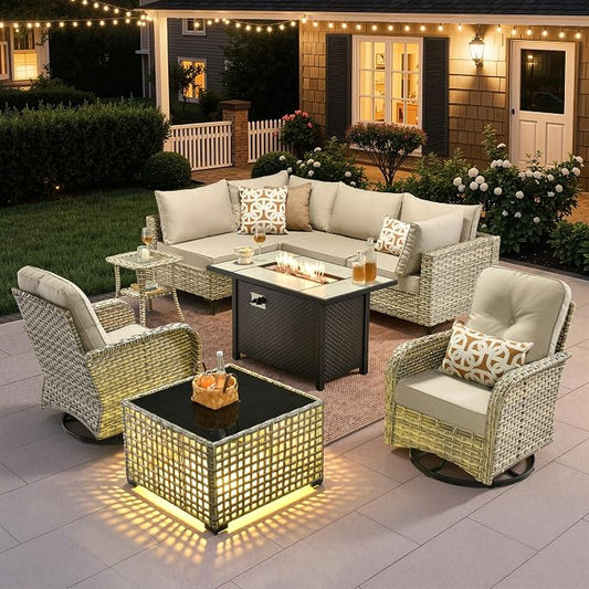 9 Pieces Outdoor Sectional Patio Furniture Set with 42" Fire Pit,Conversation Sets Rattan Wicker L Shaped Couch Swivel Rocking Chairs,Modular Outdoor Sofa for Porch Balcony Backyard Beige