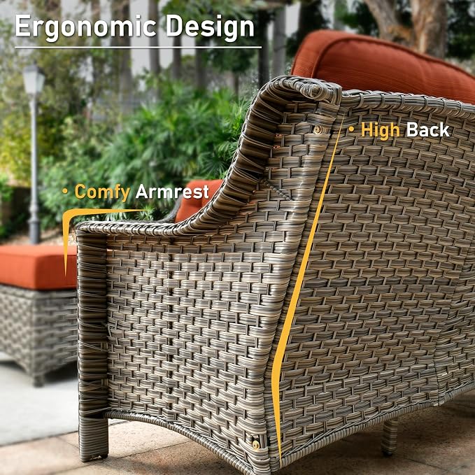 HOOOWOOO 9 Piece Patio Furniture Conversation Sets with Swivel Rocking Chairs,Outdoor Wicker Furniture with Ottoman,All Weather Resistant High Back Rattan Conversational Set(Orange Red)