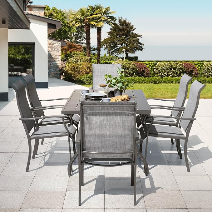 NUU GARDEN Outdoor Patio Dining Set 7 Piece Furniture Set Including 61"x37" Rectangular Outdoor Metal Patio Dining Table and 6 Gray Textilene Chairs for Garden, Patio and Poolside Backyards