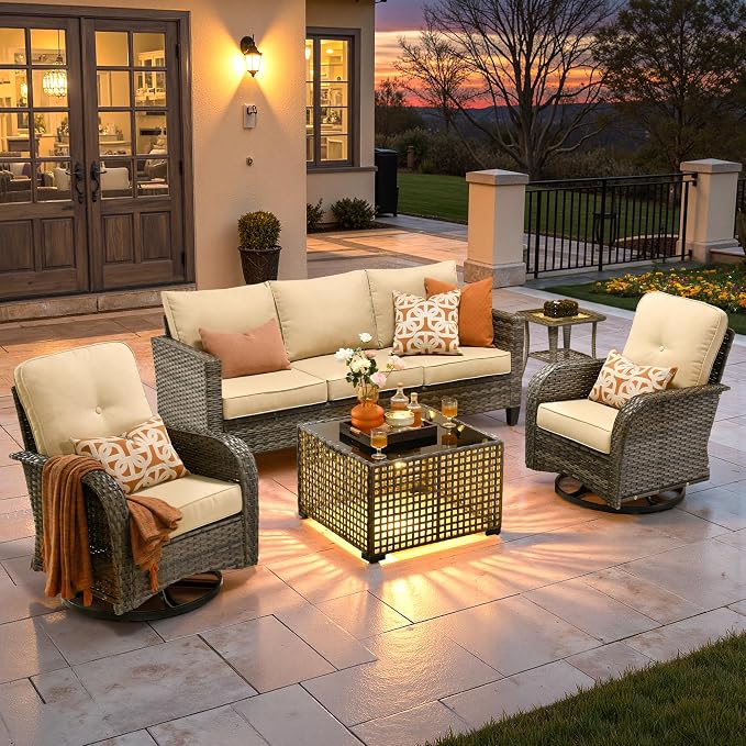 ovios 5 Pieces Patio Furniture Set, Outdoor Wicker Sofa Couch with Swivel Glider Chairs Solar Lights Table, Modern Deep Seat Rattan Conversation Sets for Deck Porch, Beige