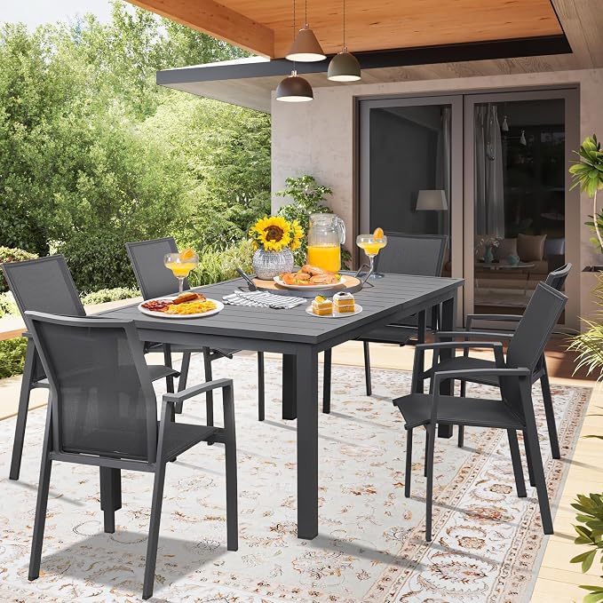 RoyalCraft Expandable Aluminum Outdoor Dining Table, 2-Adjustable Lengths Patio Dining Table for 6-10 Person, 91.33" L x 39.37" W Metal Patio Table with Adjustable Feet for Porch Deck Garden, Grey
