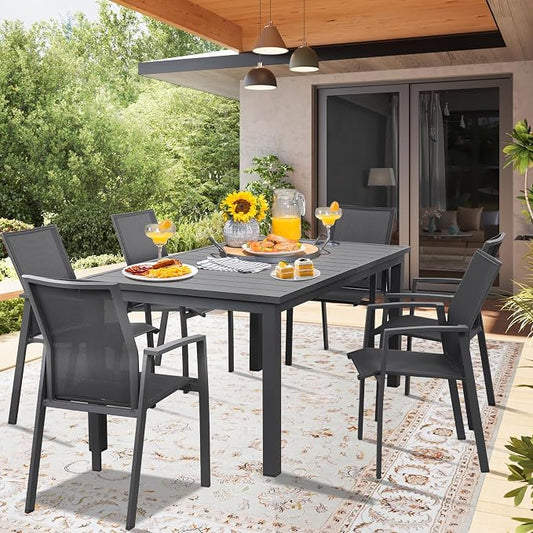 RoyalCraft Expandable Aluminum Outdoor Dining Table, 2-Adjustable Lengths Patio Dining Table for 6-10 Person, 91.33" L x 39.37" W Metal Patio Table with Adjustable Feet for Porch Deck Garden, Grey