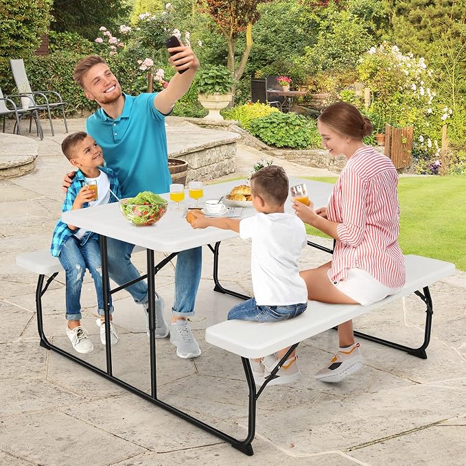 GYMAX Picnic Table, 550 LBS Folding Picnic Tables with Benches & Seats, Weather-Resistant Easy Setup Portable Picnic Table, Wood-Like Foldable Picnic Tables for Outdoors Patio Deck Party BBQ (White)