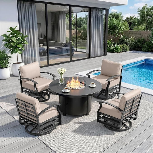 5 Piece Aluminum Outdoor Patio Furniture Set with 48" Round Propane Fire Pit, Outdoor Dining Table Set with 4 Aluminum Swivel Chairs, Outdoor Furniture Set with Fire Pit for Porch, Balcony, Sand