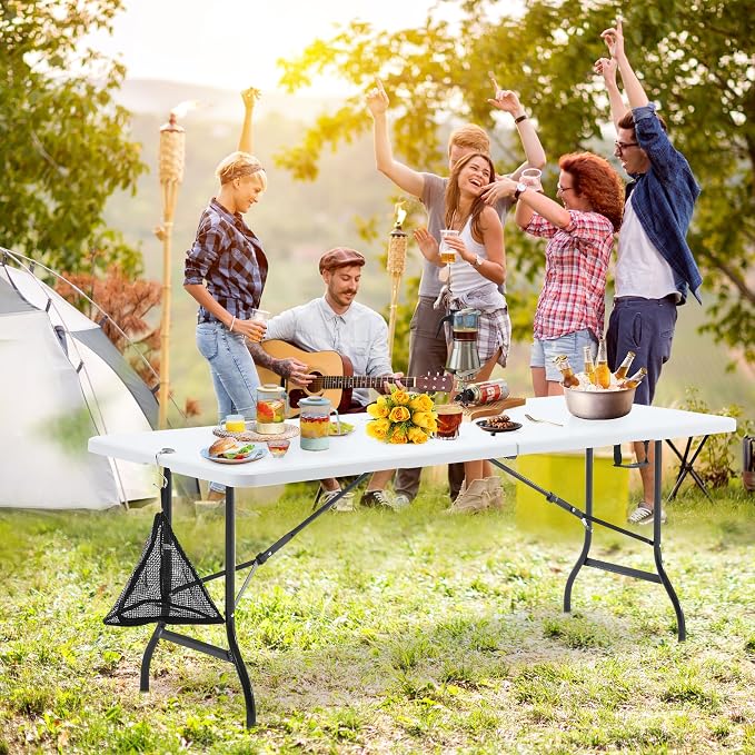 VECELO 6Ft Folding Table,Indoor Outdoor Portable Picnic Plastic Table with Mesh Trash Bag,Heavy Duty Foldable Camp Desk with Handle Legs for Dining Wedding&Party,Pearl White