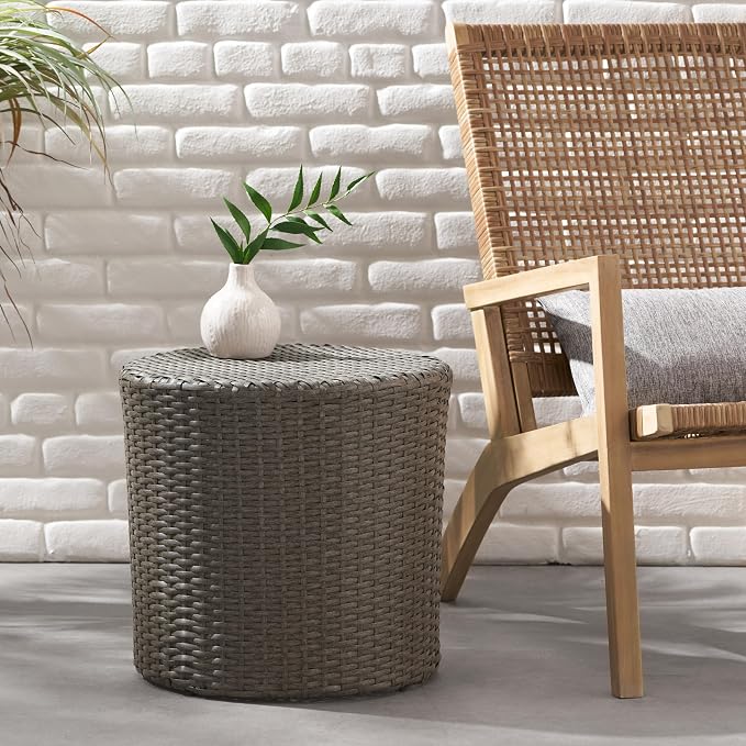 Rattan Side Table Round Small Coffee Table French Country Rustic Wicker Side Table End Table for Indoor Outdoor Patio Living Room Light Grey