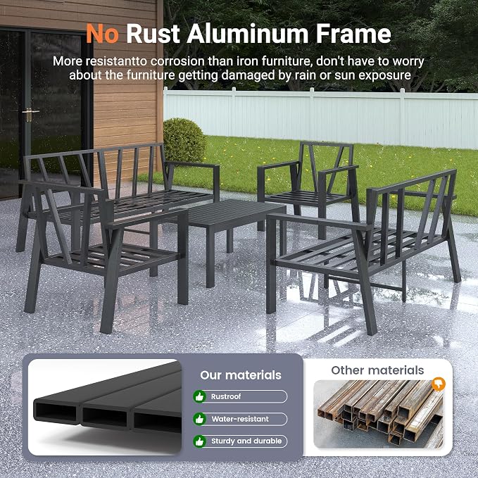 UDPATIO Aluminum Outdoor Patio Furniture Set 5 Pieces Metal Conversation Sets 7 Seat Sectional Sofa Modern Seating Set with Coffee Table for Outdoor Garden Backyard, Dark Grey