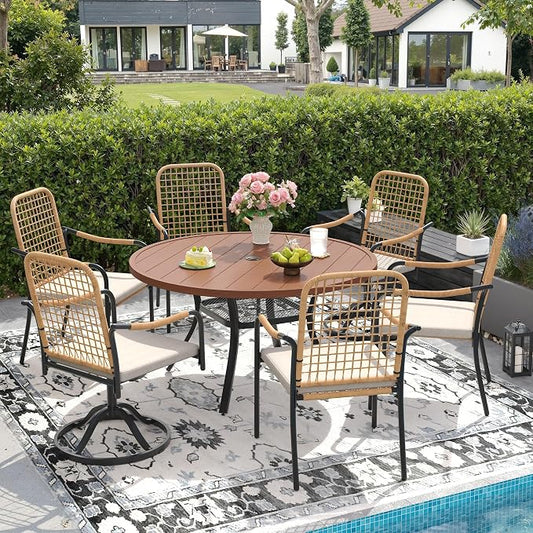 DIFY 7 Pieces Outdoor Dining Set for 6, Patio Furniture Set of 6 Wicker Patio Chairs with Soft Cushions and 47.2" Walnut Round Metal Table with Umbrella Hole, for Backyard Garden Deck, Wheat Rattan