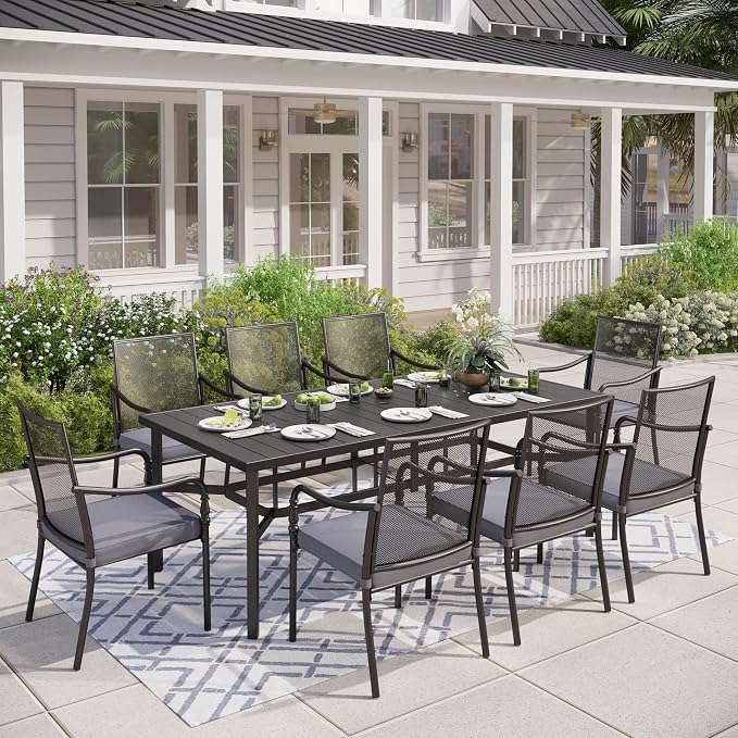 MIXPATIO 9 Piece Patio Metal Dining Set, Outdoor Table and Chairs for 8, Powder-Coating Steel Chairs with 4" Thickened Cushions, 83" Rectangle Table for Deck Backyard with 1.57" Umbrella Hole