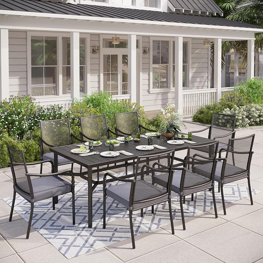 MIXPATIO 9 Piece Patio Metal Dining Set, Outdoor Table and Chairs for 8, Powder-Coating Steel Chairs with 4" Thickened Cushions, 83" Rectangle Table for Deck Backyard with 1.57" Umbrella Hole