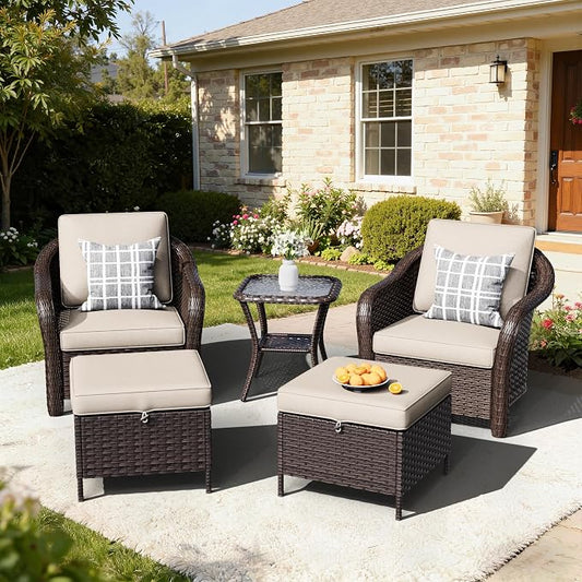5 PCS Outdoor Conversation Set | 2 Chairs, 1 Side Table, 2 Ottomans, Patio Wicker Furniture with Removable Cushions for Bistro, Deck, Sunroom(Beige)