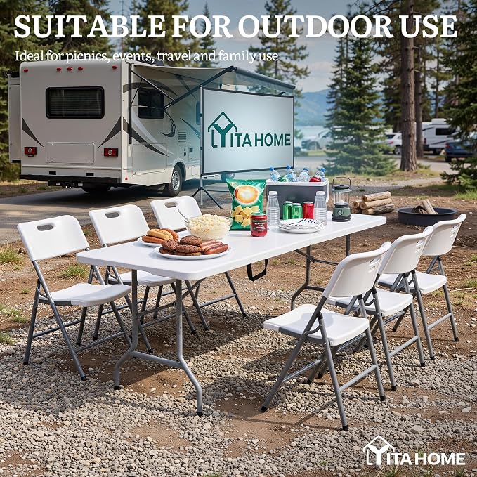 YITAHOME Heavy-Duty 6ft Folding Table with Handle, Portable Rectangle Folding Table for Easy Storage, Ideal for Outdoors Camping, Picnics, Parties & Indoor Events, White