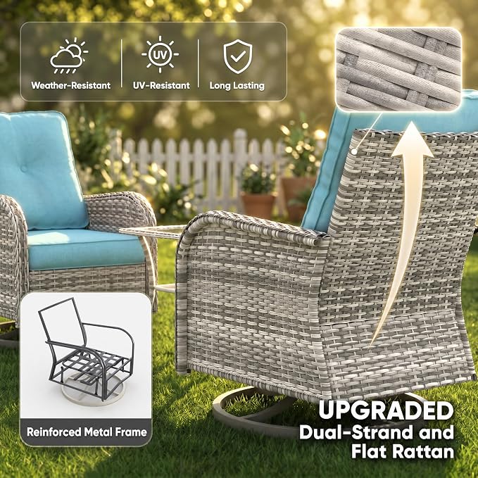 9-Piece Small Patio Furniture Set, Outdoor Swivel Rocking Chairs Set with 55,000 BTU Fire Pit Table Wicker Chairs and Ottomans, Patio Bistro Set for Balcony, Deck, Porch, Lake Blue