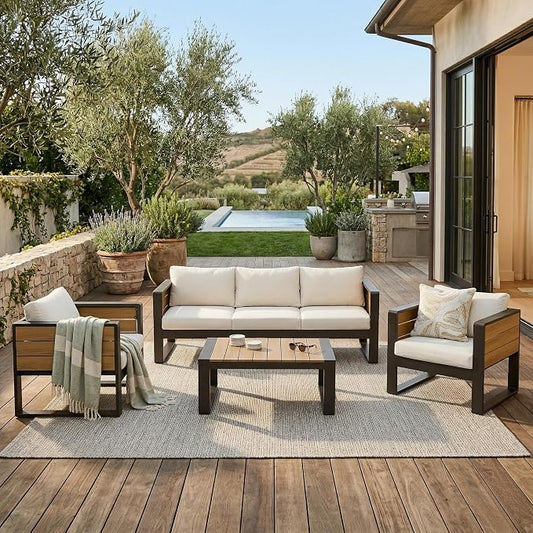 JIVOIT 4-Piece Outdoor Patio Furniture Set for 5 Person, Large Aluminum Frame Conversation Set with 3-Seater Sofa, 2 Armchairs with Fold-Out Side Tables, Modern Garden/Patio Seating, All-Weather Use