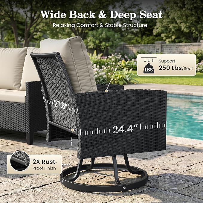 Amopatio Outdoor Patio Furniture Set, 6 Pieces Conversation Sofa with 360° Swivel Chairs, All Weather Wicker Outdoor Furniture for Backyard Garden Pool Deck,Beige