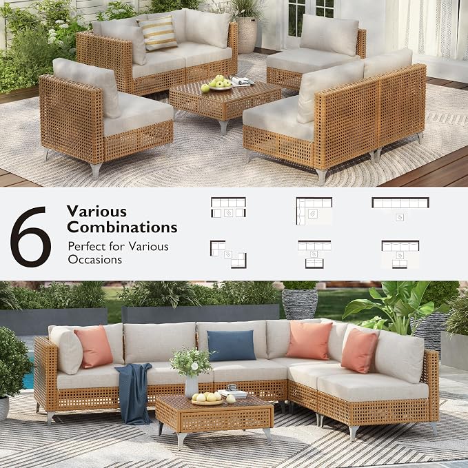 7-piece Wicker Patio Furniture Set, Outdoor Conversation Set Sectional Sofa with Water Resistant Beige Thick Cushions and Coffee Table for Outdoor Couch, Porch, Backyard - Beige