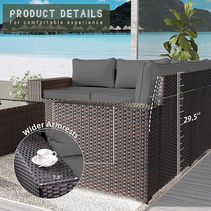 9 PCS Outdoor Patio Furniture Set,Outdoor Sectional Furniture All Weather PE Rattan Wicker Patio Conversation Set,Swivel Rocking Chairs Set,Grey
