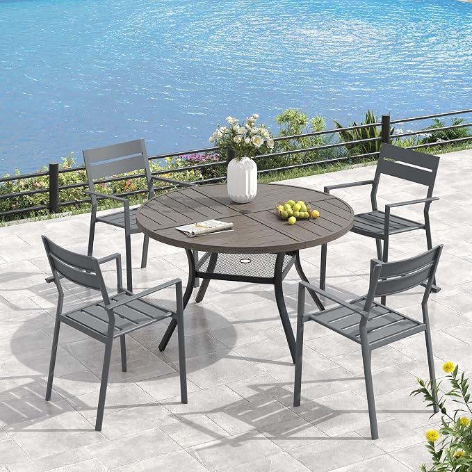 VICLLAX 40.6" Round Outdoor Table, Patio Dining Table for 4 with Umbrella Hole for Garden Lawn Deck Backyard, Antique Grey