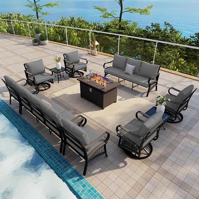 11-Piece Outdoor Furniture Set, Metal Swivel Rocking Chairs with All-Weather Cushions, Patio Conversation Set with Fire Pit Table for Deck, Porch, Garden, Backyard, Poolside (Gray Cushions)