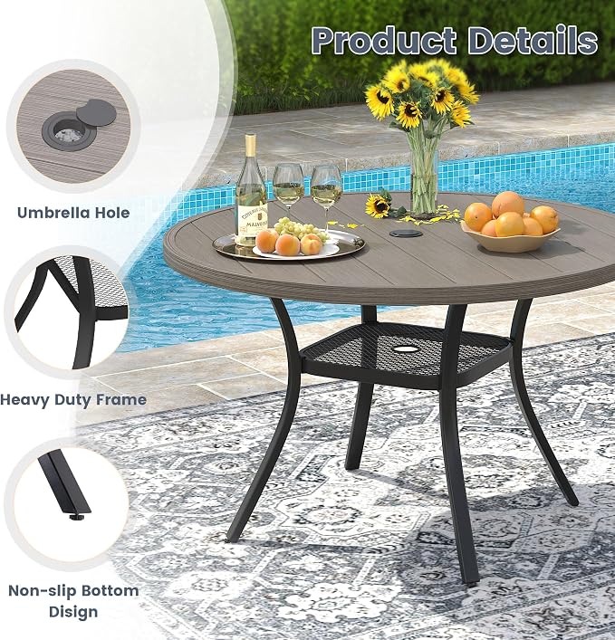 VICLLAX Round Patio Dining Table for 4-6, Outdoor Metal Dining Table with Umbrella Hole for Deck Lawn Garden Backyard, 47.2" Grey
