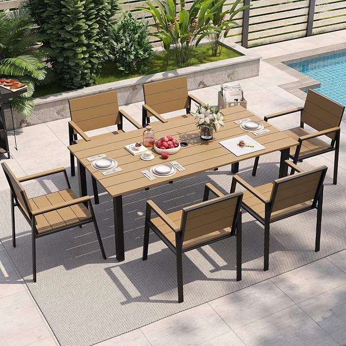 Outdoor Table and Chairs for 6 Aluminum Patio Dining Set with Umbrella Hole | All Weather,HDPS Material,Oversized,7 Piece,for Backyard,Rot-Fade-Crack Proof,Maintenance-Free,Sturdy,Heavy-Duty,Yellow