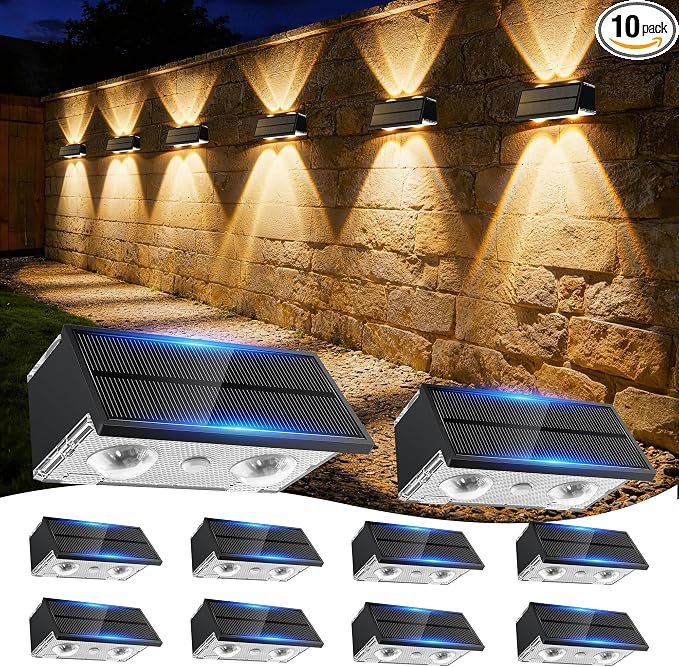 Solar Fence Lights Outdoor, 10 Pack Fence Solar Lights Waterproof | IP65 Fence Lights Solar Powered Up & Down LED Focus, 9 Color Modes, 12H Dusk to Dawn Glow for Pool/Patio/Backyard - Black