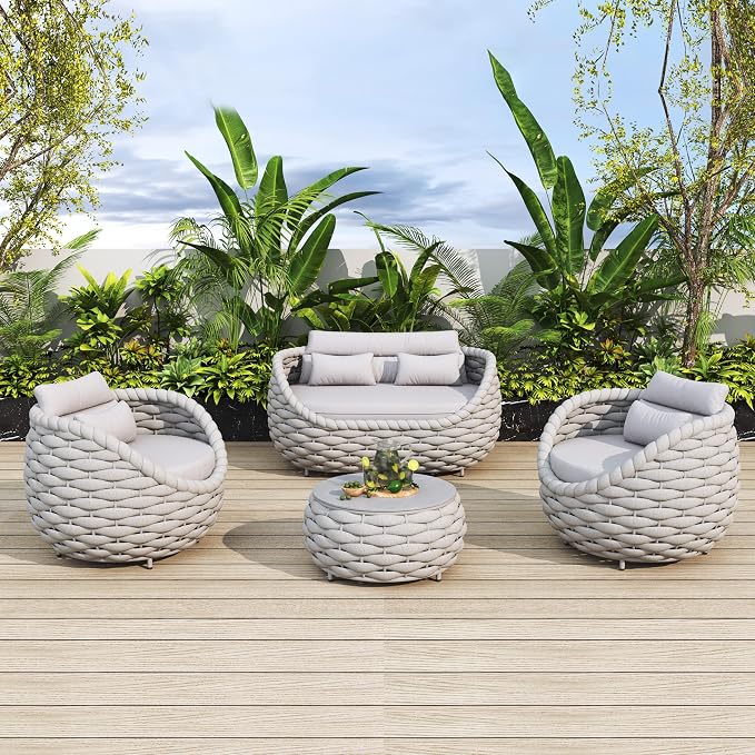4Pcs Light Grey Wicker Patio Conversation Set, Handwoven Outdoor Indoor Sofa with Loveseat, 2 Single Chairs & Coffee Table, Weather Resistant Furniture for Backyard Garden Deck
