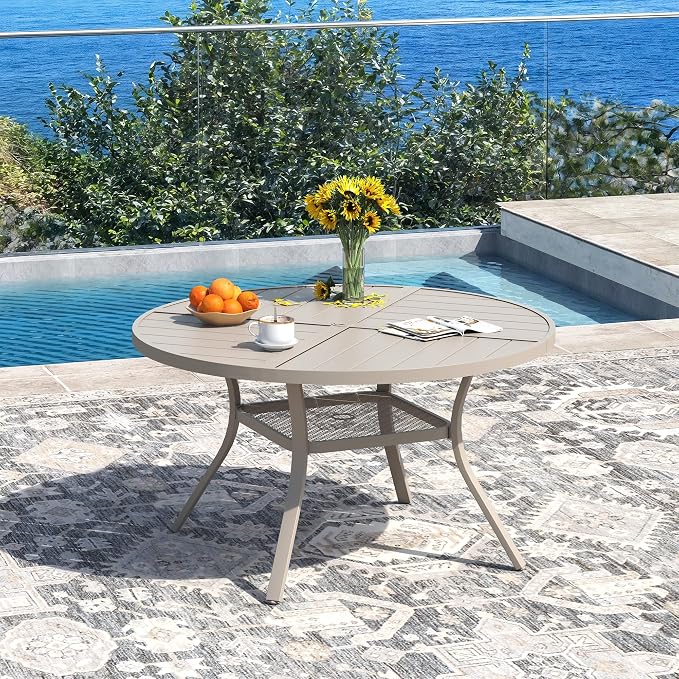 DIFY 5 Pieces Outdoor Patio Dining Set, 4 Sandshell Textilene Swivel Dining Chairs and 40.6" Sandshell Round Metal Dining Table, Outdoor Table and Chairs