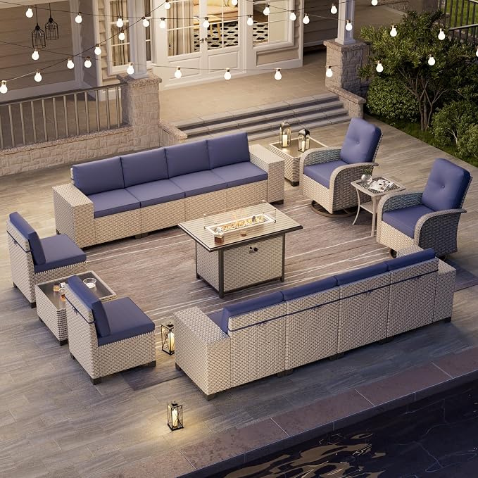16-Piece Outdoor Patio Furniture Set, Modular Sectional Sofa Set with Swivel Rocker Chairs & Fire Pit, Wicker Outdoor Couch Conversation Sets w/Coffee Table and Cushions, Blue