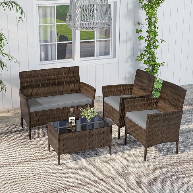 RELAX4LIFE 4-Piece Patio Furniture Set - Rattan Outdoor Conversation Bistro Set w/Cushions, Glass Coffee Table, Wicker Chairs & Loveseat for Garden Backyard Porch, Balcony Furniture Set (1, Grey)