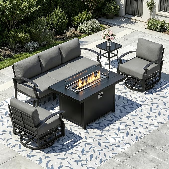 Aluminum Outdoor Patio Furniture Set,5 Pieces 5 Seats Metal Patio Sectional Furniture Set,Patio Conversation Sets with 45" Propane Fire Pit Table,Swivel Rocking Chairs Set,Grey