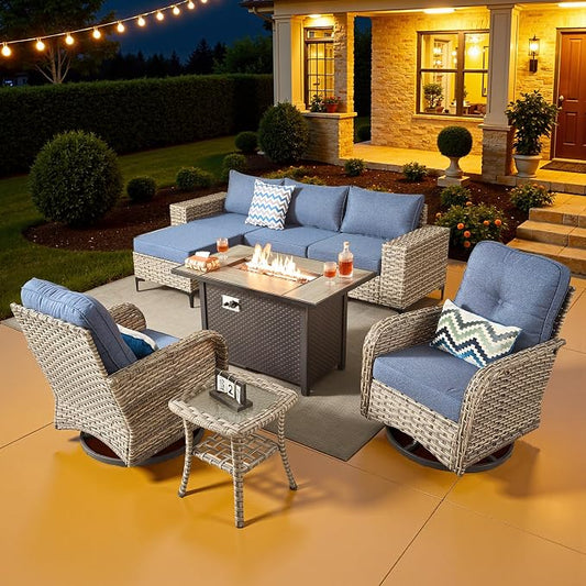 8 Pcs Patio Outdoor Furniture Set - All Weather Wicker Outdoor Sectional Sofa Couch with Swivel Fire Pit Table and Rocking Chairs e,Patio Rattan Conversation Set for Garden Deck Yard,Denim Blue
