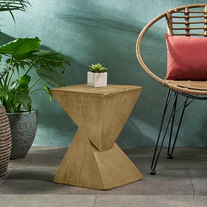Merax Modern Concrete Side Table with Hourglass Design - Hand-Painted Wood Finish Accenttable for Indoor/Outdoor, Light Natural