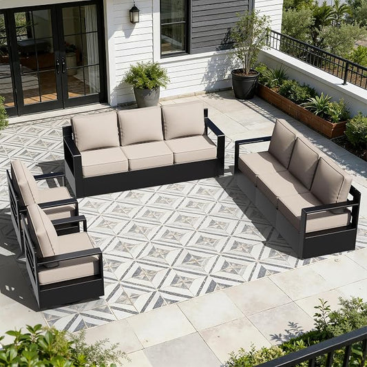 Outdoor Aluminum Furniture Set, 4-Piece Patio Conversation Set, 2 Swivel Chairs and 2 Sofa, All-Weather Metal Frame, 6" Thick Removable Cushions, Deep Setting for Garden, Poolside and Porch