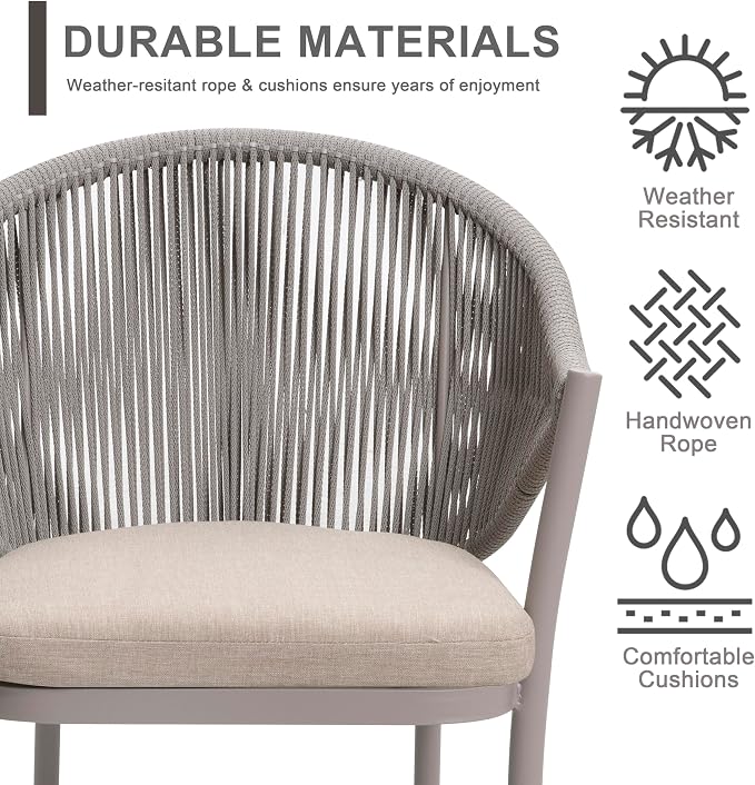 Nuu Garden Outdoor 7 Piece Dining Set, Woven Rope Conversation Chairs with Seat Cushions and Tufted Pillows, Aluminum Dining Table with 2.76" Umbrella Hole, Ideal for Patio, Lawn, Garden, Porch, Beige