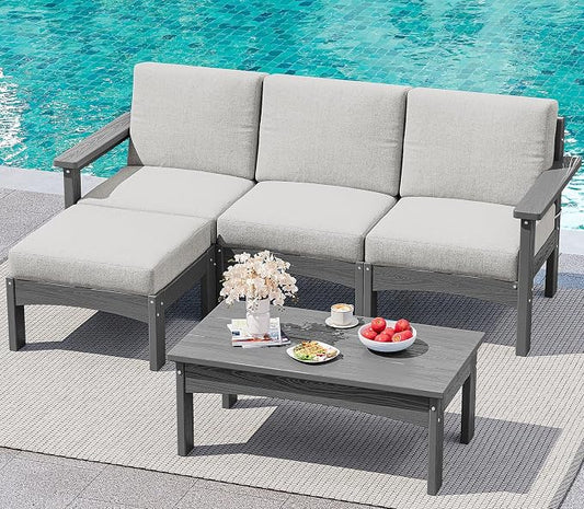 SERWALL 5-Piece Patio Sofas, All-Weather HDPE Outdoor Sectional Sofa with Cushions and Coffee Table, Large Modular Patio Conversation Set for Garden, Lawn, Deck, Porch, Grey Frame with Khaki Cushion