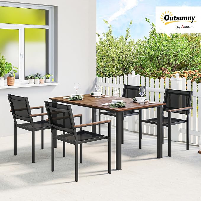 Outsunny 5 Piece Outdoor Dining Set, Outdoor Table and Chairs for 4, 59" Rectangular Acacia Wood Tabletop and 352 LBS Mesh Stackable Chairs, Patio Set for Garden, Backyard, Deck, Teak