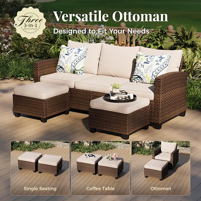 MIXPATIO Patio Furniture Set, 8 Pcs Wicker Rattan Outdoor Conversation Set, 4 x Leg Chairs, 1 x 3 Seater Sofa and 2 x Ottoman with 4" Thick Cushion and 56" Fire Pit Table, Beige