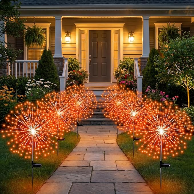 Tujoe 6 Pcs Fall Solar Firework Stake Lights 180 LED 8 Modes Solar Waterproof LED Sparkler Lights Outdoor Decoration for Summer Halloween Xmas Holiday Garden Patio Yard Pathway Walkway, Orange