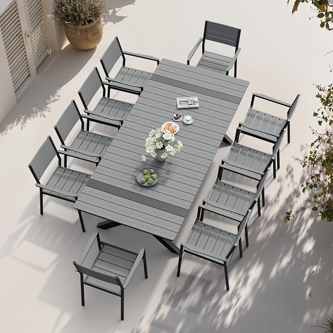 Pellebant 11 Piece Patio Table and Chairs Set for 10, Aluminum Outdoor Dining Set with Umbrella Hole, Stackable Dining Chairs & 94" Dining Table, Grey(TD063)