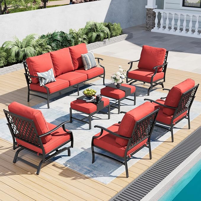 SUNSHINE VALLEY 7 Piece Metal Outdoor Patio Furniture Sets, Patio Conversation Sets 1 3-Seater Sofa, 2 Fixed Chair, 2 Rocking Chair, 2 Ottomans with 5.75" Thick Cushion, Black Backyard Furniture, Red