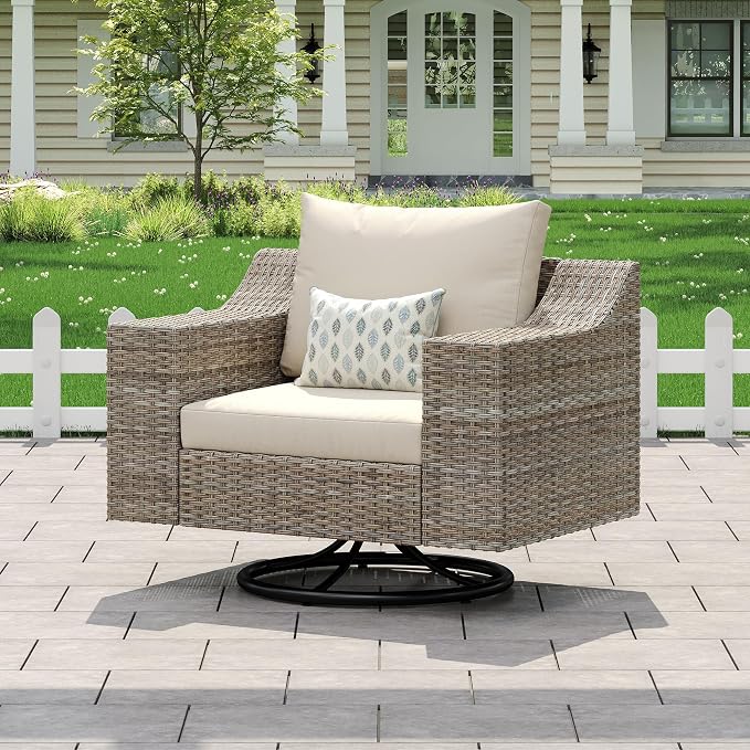 LUXOAK Outdoor Glider Rocking Chair, Wicker 360° Swivel Patio Chairs with 6" Wide Armrests, All-Weather PE Rattan Single Sofa Seat with Thick Cushions, for Porch/Deck/Garden/Backyard